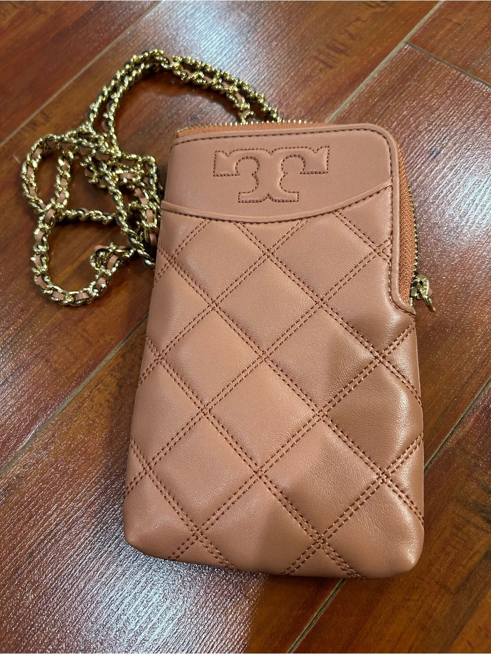 Tory Burch Quilted Crossbody Phone Bag in Dusty Peach with Gold Chain